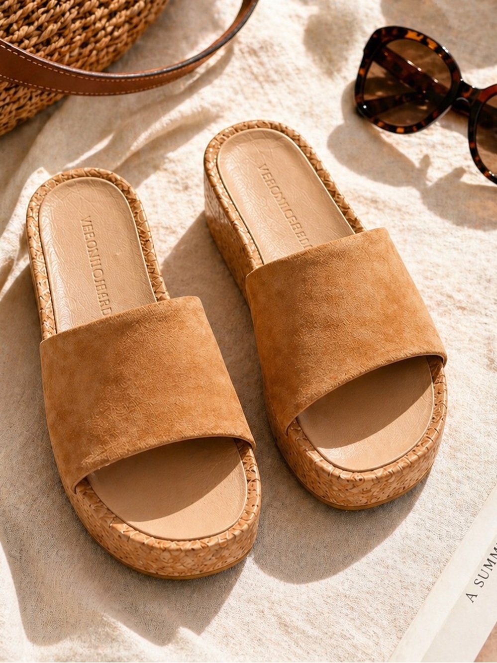 Veronica Beard Dressdyn Suede Cork Platform Slides Tan • Size 5 • NWOT
